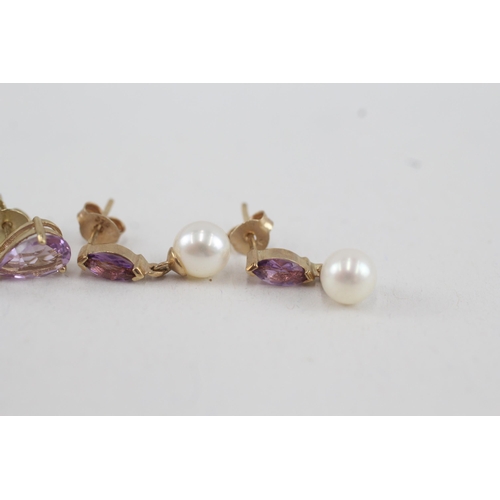 78 - 2x 9ct gold amethyst & cultured pearl earrings (2.6g)