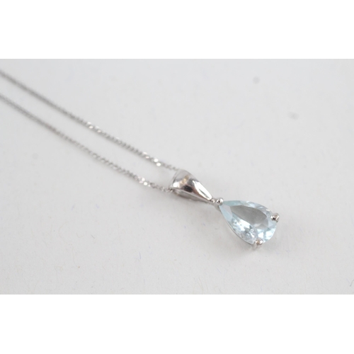 86 - 9ct white gold pear cut blue gemstone pendant necklace (1.4g)