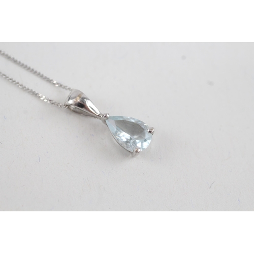 86 - 9ct white gold pear cut blue gemstone pendant necklace (1.4g)