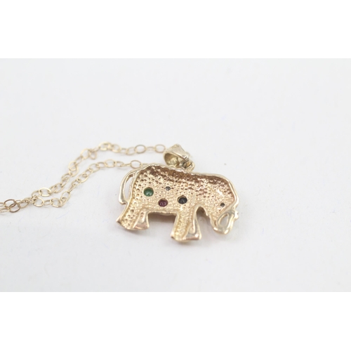 9 - 9ct gold diamond, sapphire, ruby & emerald elephant pendant necklace (1.5g)