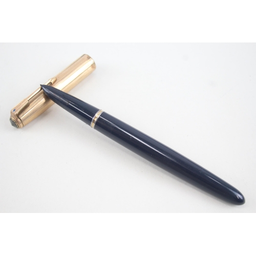 494 - Vintage Parker 51 Navy Fountain Pen w/ 14ct Gold Nib WRITING Rolled Gold Cap