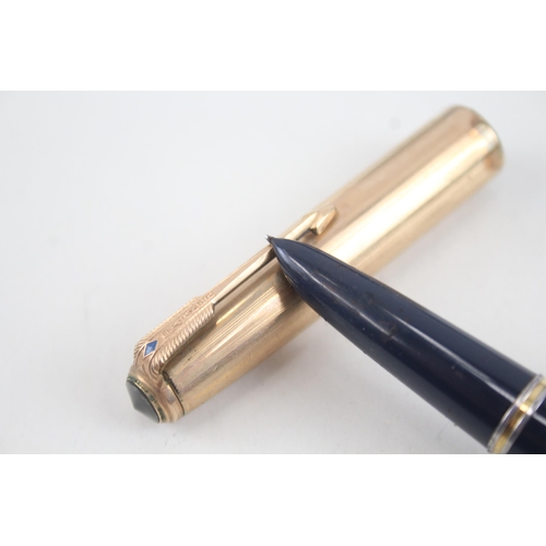 494 - Vintage Parker 51 Navy Fountain Pen w/ 14ct Gold Nib WRITING Rolled Gold Cap