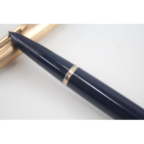 494 - Vintage Parker 51 Navy Fountain Pen w/ 14ct Gold Nib WRITING Rolled Gold Cap