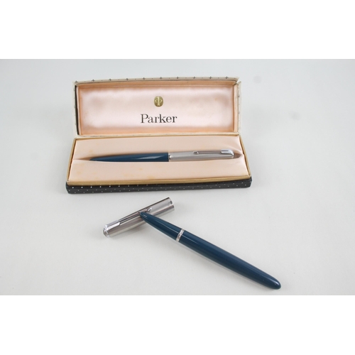 495 - 2 x Vintage Parker 51 Teal Fountain Pens w/ 14ct Gold Nibs WRITING Inc Boxed Etc