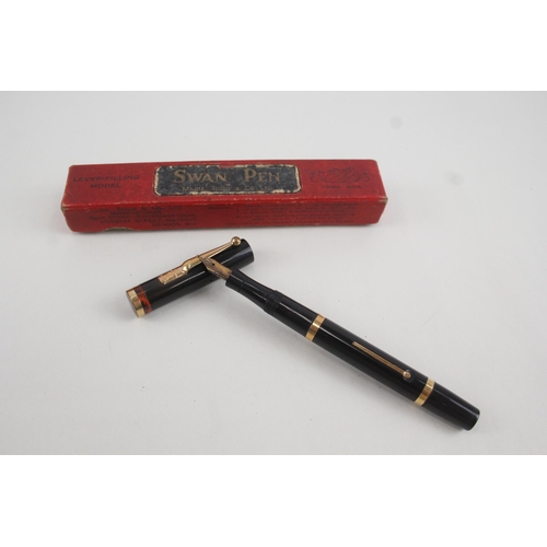 497 - Vintage MABIE TODD Swan Self Filling Black Fountain Pen w 14ct Gold Nib WRITING