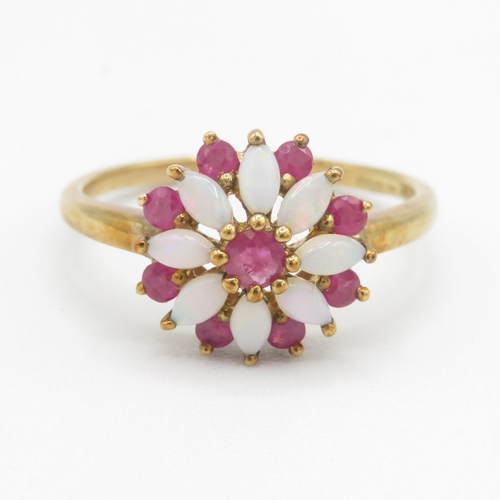 64 - 9ct gold ruby and opal set cluster ring (2.4g) Size  O 1/2