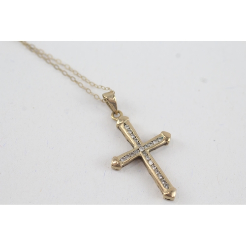 10 - 9ct gold vintage diamond cross pendant necklace (2.9g)