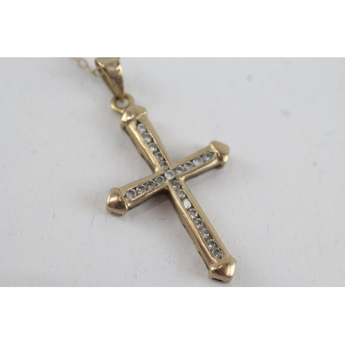 10 - 9ct gold vintage diamond cross pendant necklace (2.9g)