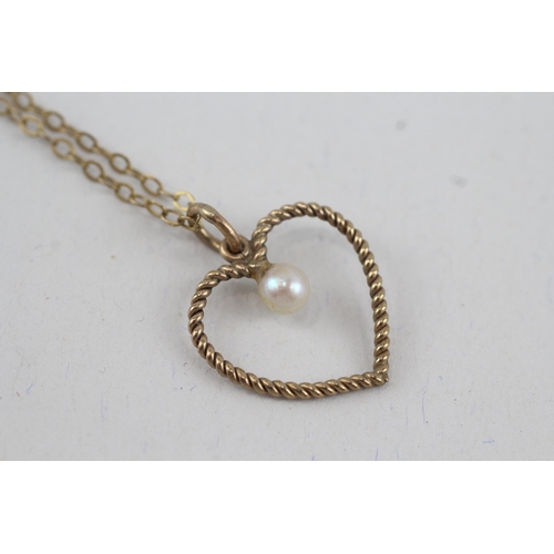 43 - 9ct gold cultured pearl heart shaped pendant necklace (2.1g)