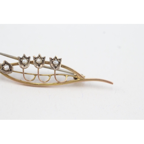 52 - 9ct gold vintage seed pearl tulip brooch (2.2g)