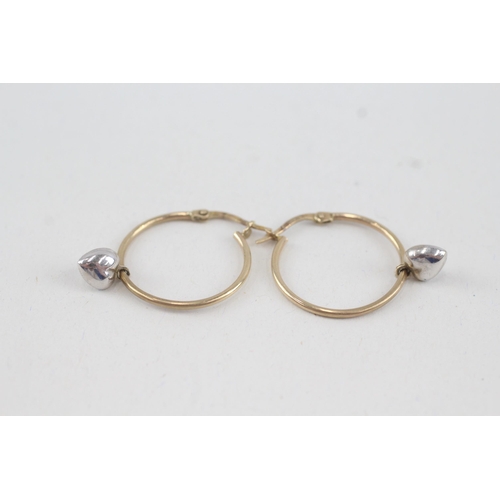 63 - 9ct gold heart shaped drop hoop earrings (1.2g)