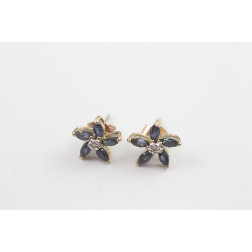 83 - 9ct gold marquise cut sapphire & diamond floral stud earrings with scroll backs (1.4g)