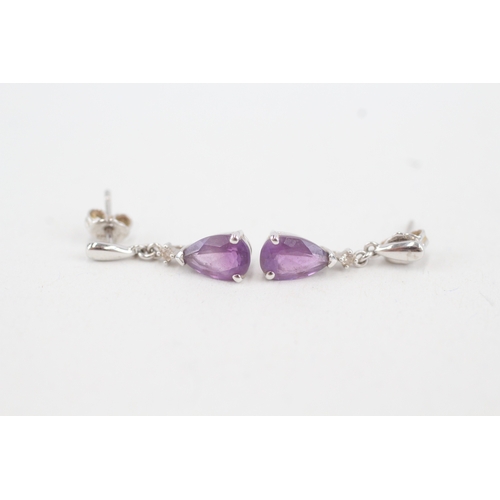 106 - 9ct white gold diamond & amethyst drop earrings (1.6g)