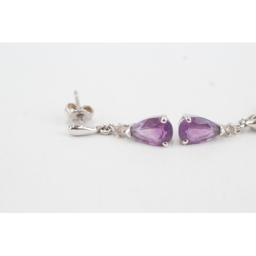 106 - 9ct white gold diamond & amethyst drop earrings (1.6g)