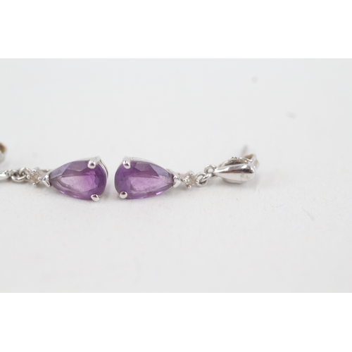 106 - 9ct white gold diamond & amethyst drop earrings (1.6g)