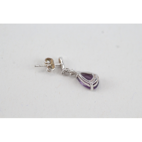 106 - 9ct white gold diamond & amethyst drop earrings (1.6g)