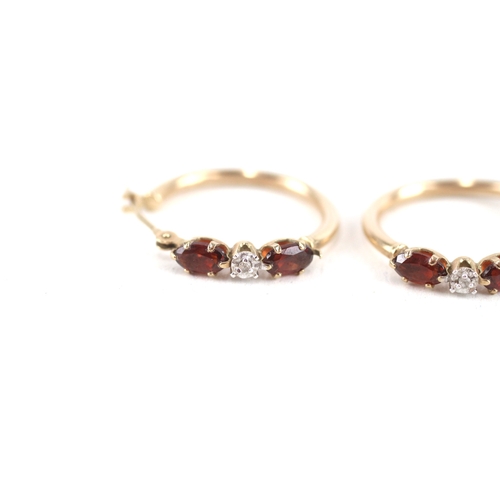 17 - 9ct gold diamond & garnet full hoop earrings (1.1g)