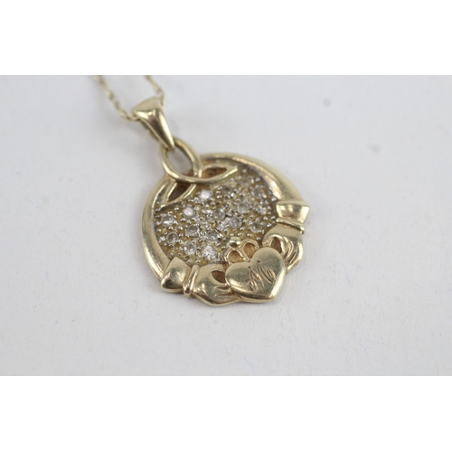 205 - 9ct gold diamond claddagh pendant necklace (3.2g)