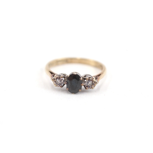 22 - 9ct gold diamond & sapphire three stone ring (2.2g) Size  N 1/2