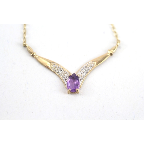 3 - 9ct gold diamond & amethyst wishbone pendant necklace (1.4g)