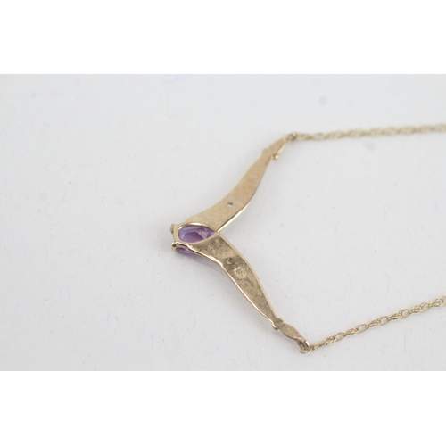 3 - 9ct gold diamond & amethyst wishbone pendant necklace (1.4g)