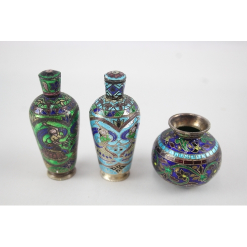 361 - 3 x Vintage .925 Sterling Silver Enamelled Pill ?/ Trinket Boxes Inc Vase (121g)