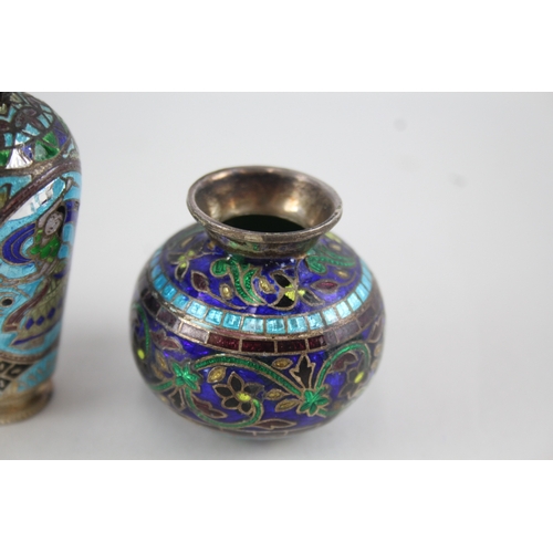 361 - 3 x Vintage .925 Sterling Silver Enamelled Pill ?/ Trinket Boxes Inc Vase (121g)