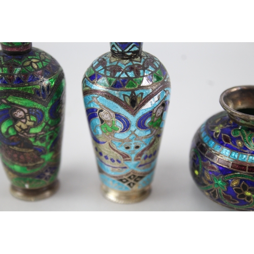 361 - 3 x Vintage .925 Sterling Silver Enamelled Pill ?/ Trinket Boxes Inc Vase (121g)