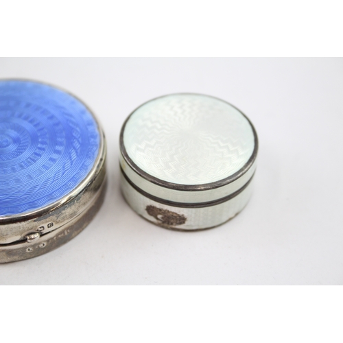 377 - 2 x Vintage .835 & .925 Sterling Silver Pill / Trinket Boxes w Enamel Detail 63g