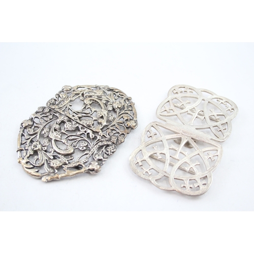 381 - 2 x Antique / Vintage .925 Sterling Silver Ladies Vanity Belt Buckles (82g)