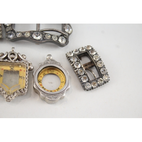 383 - 6 x Antique / Vintage Buckles & Compasses Inc .925 Sterling, 800, .950, Plate