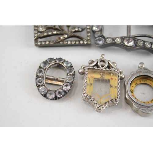 383 - 6 x Antique / Vintage Buckles & Compasses Inc .925 Sterling, 800, .950, Plate