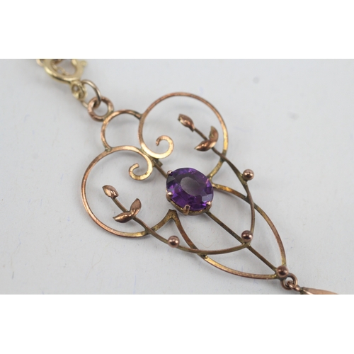 44 - 9ct gold antique amethyst paste openwork pendant necklace (2.5g)