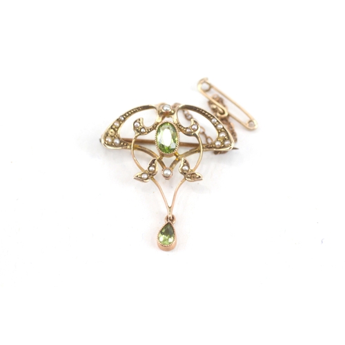 51 - 9ct gold antique Edwardian peridot & seed pearl drop brooch with basemetal pin (3.3g)