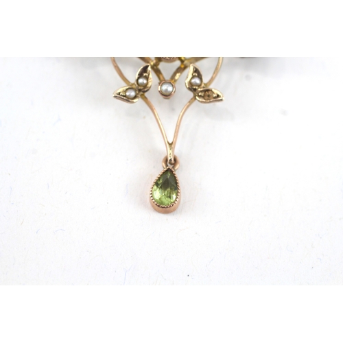 51 - 9ct gold antique Edwardian peridot & seed pearl drop brooch with basemetal pin (3.3g)