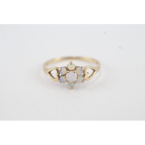 53 - 9ct gold opal seven stone floral cluster ring (1.4g) Size  P 1/2