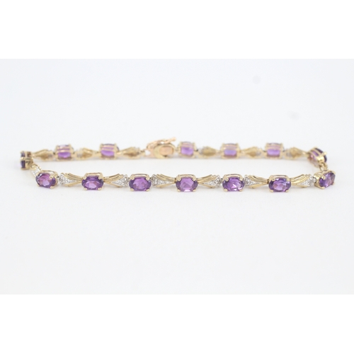 55 - 9ct gold diamond & amethyst fancy link bracelet (6.2g)