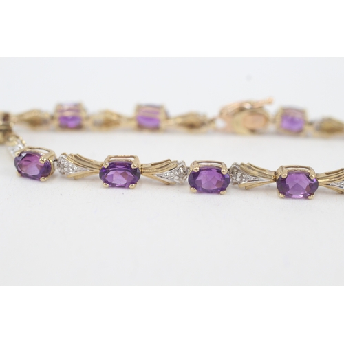 55 - 9ct gold diamond & amethyst fancy link bracelet (6.2g)