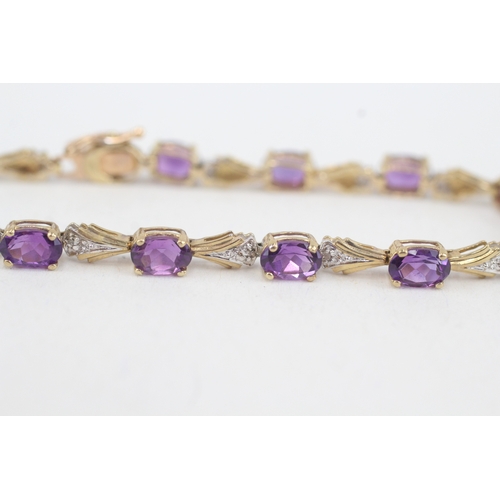 55 - 9ct gold diamond & amethyst fancy link bracelet (6.2g)