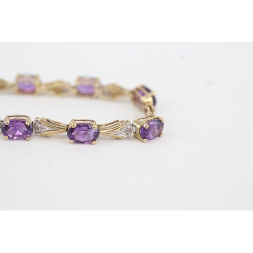 55 - 9ct gold diamond & amethyst fancy link bracelet (6.2g)