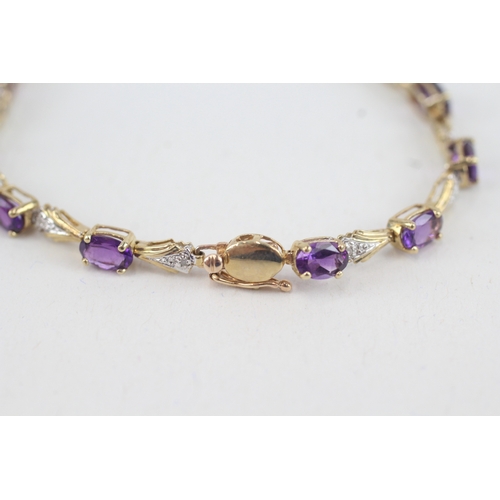 55 - 9ct gold diamond & amethyst fancy link bracelet (6.2g)