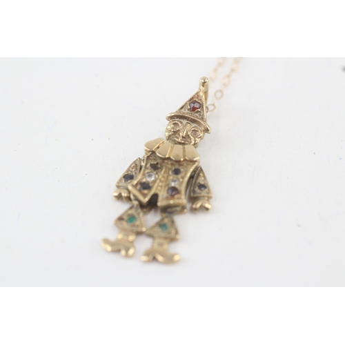 58 - 9ct gold vintage articulated clown pendant necklace set with sapphire, garnet, chrysoprase & cubic z... 