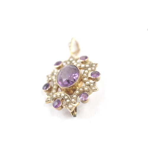 64 - 9ct gold antique amethyst & seed pearl pendant/brooch with basemetal pin (5g)