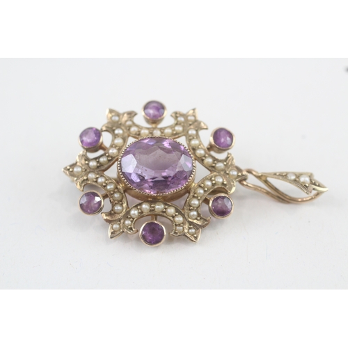 64 - 9ct gold antique amethyst & seed pearl pendant/brooch with basemetal pin (5g)