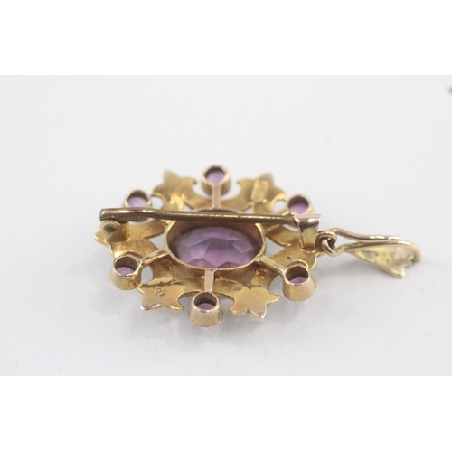 64 - 9ct gold antique amethyst & seed pearl pendant/brooch with basemetal pin (5g)