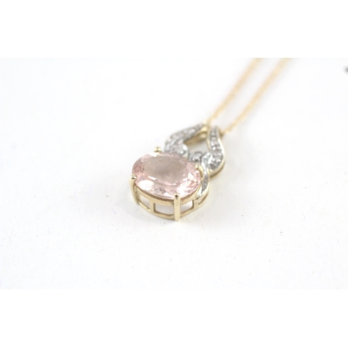 65 - 9ct gold diamond & morganite pendant necklace (2.7g)