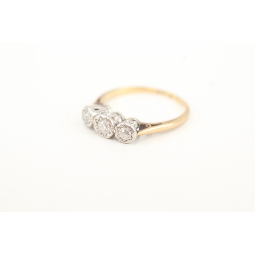 82 - 9ct gold & platinum old cut diamond three stone ring (2.6g) Size  N 1/2