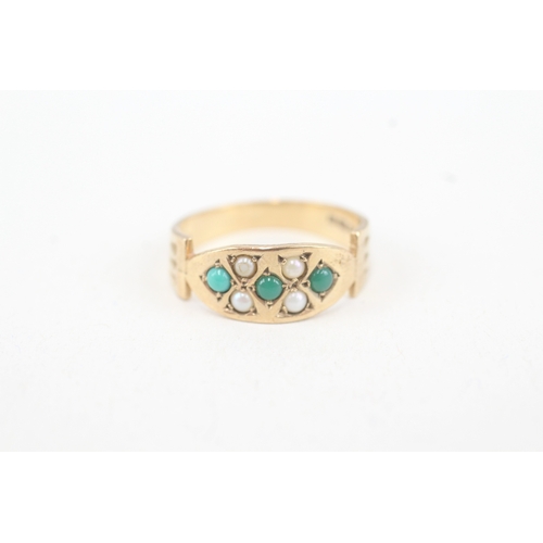 83 - 9ct gold turquoise & seed pearl seven stone ring (2.4g) Size  M