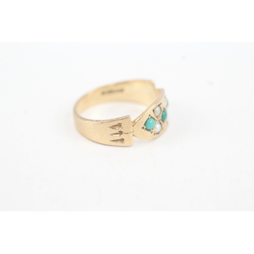 83 - 9ct gold turquoise & seed pearl seven stone ring (2.4g) Size  M