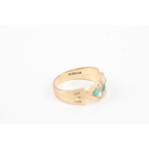 83 - 9ct gold turquoise & seed pearl seven stone ring (2.4g) Size  M